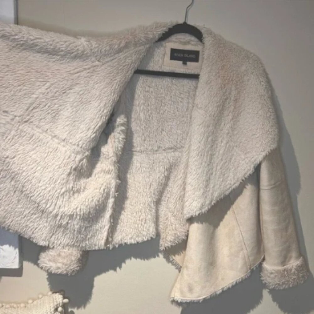 River Island Suedette Borg Lined Waterfall Open Jacket -XL in Cream -Stock Photo - Picture 4 of 7